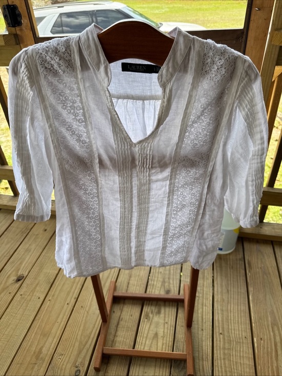 Ralph Lauren Tops - Ralph Lauren White Lace Pintuck V-Neck Blouse